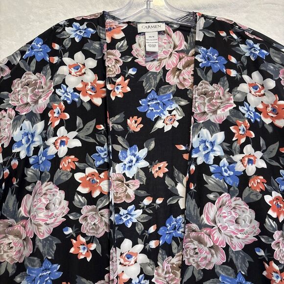 Carmen Women's Swimsuit Coverup Black Tropical Floral Fringe Open Front Kimono - Picture 3 of 12